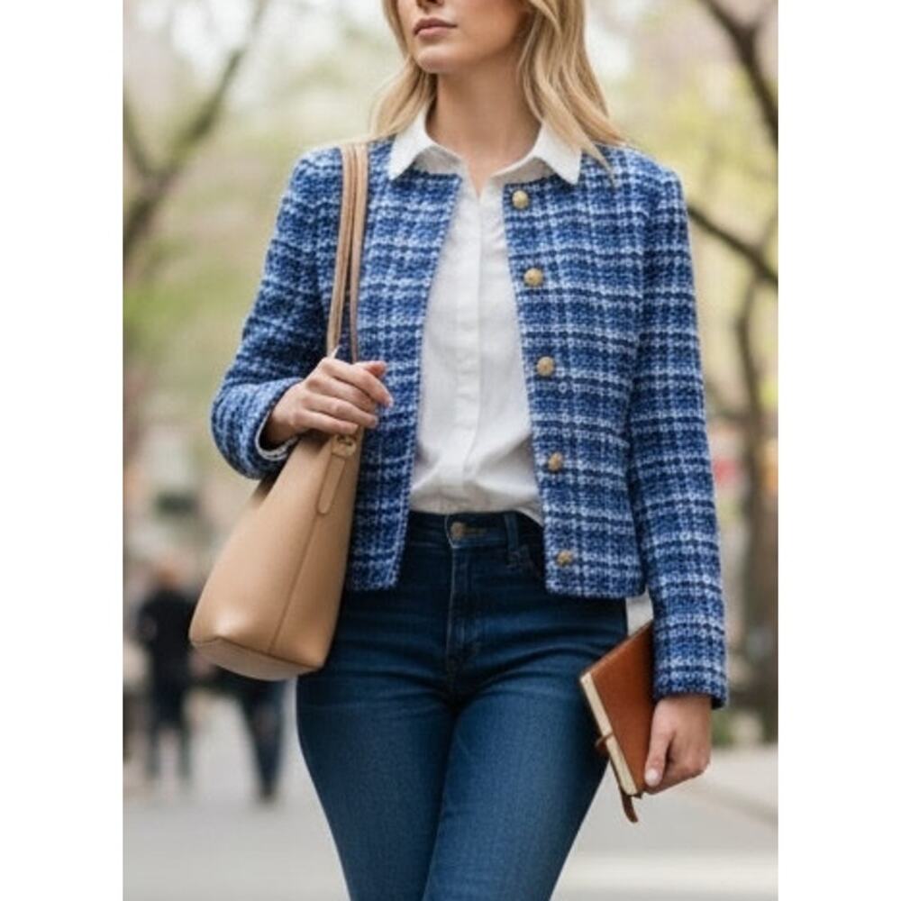 NWT J. CREW JACKET LADY BLAZER BLUE GOLD TWEED CLASSIC PREPPY WORK OFFICE CASUAL